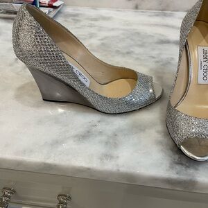 Jimmy Choo Shimmering Silver Peep-Toe Wedges